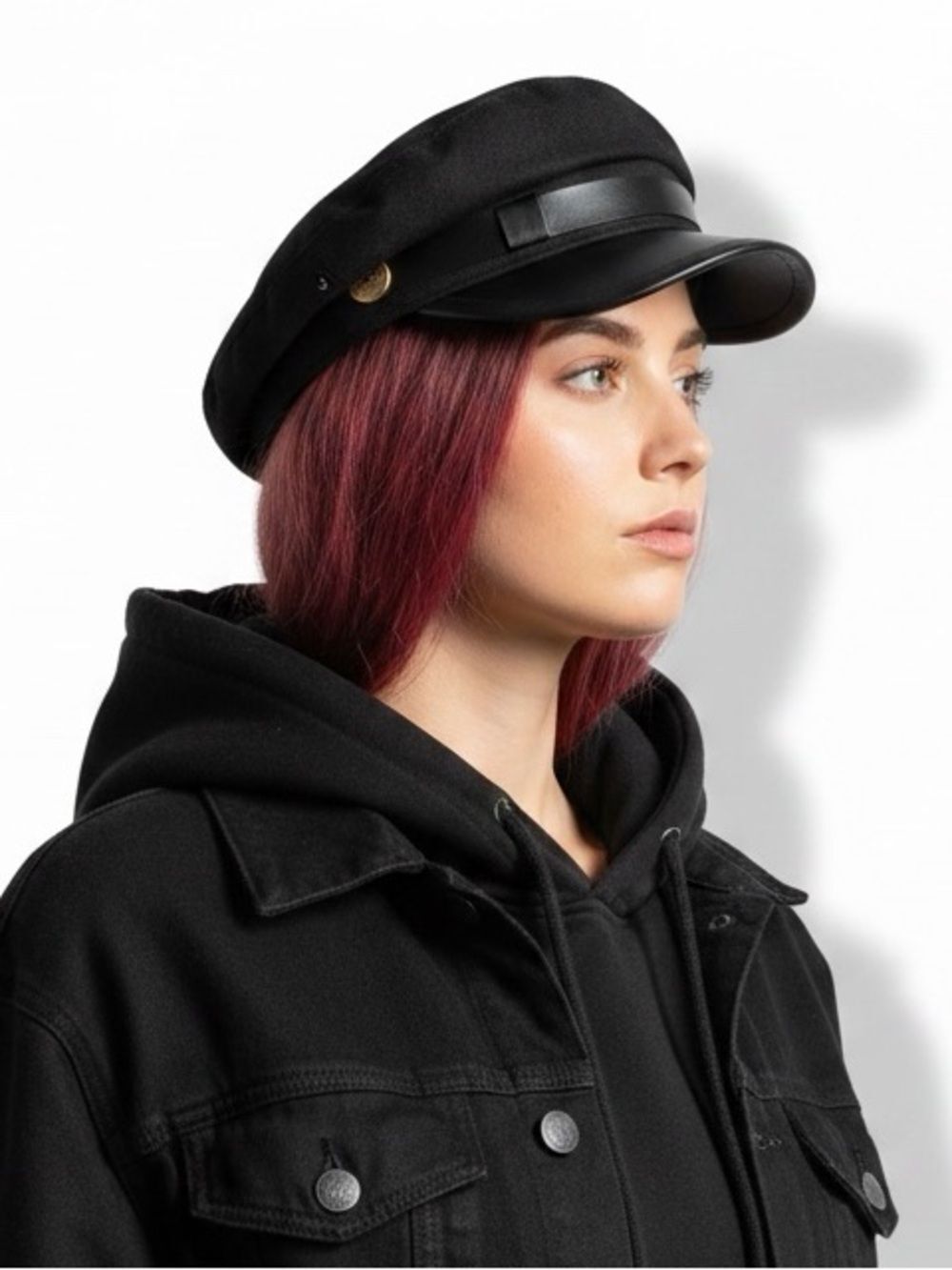 Black Fiddler Newsboy Hat Faux Leather Brim Flat Top Cap OS NWT